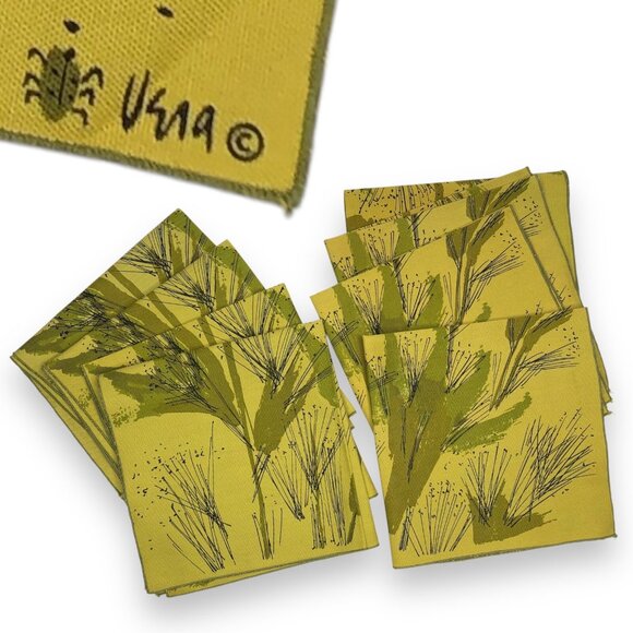 Vintage 80s Vera Neumann Pickle Green Wheat Plants Dining Cloth Napkins Set of 8 - Picture 1 of 7
